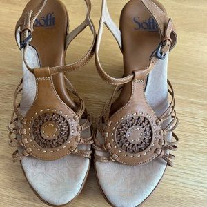 Gently Worn Brown Sofft Leather Medallion Wedge Sandals, size 7